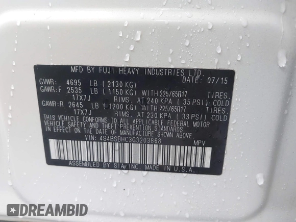 2016 Subaru Outback Premium with VIN 4S4BSBHC3G3203868, listed as a IAAI auction lot 42329721 with 161,572 mi miles and . Bid and sale history available at DreamBid. Image 9.