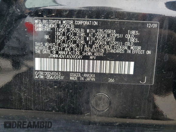 2010 Toyota RAV4 Sport with VIN JTMRK4DV1A5090049, listed as a Copart auction lot 56323645 with 194,381 mi miles and Salvage title. Bid and sale history available at DreamBid. Image 14.