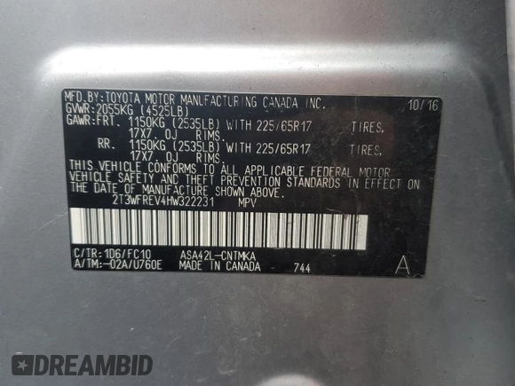 2017 Toyota RAV4 XLE with VIN 2T3WFREV4HW322231, listed as a Copart auction lot 49833065 with 116,950 mi miles and Salvage Title. Bid and sale history available at DreamBid. Image 13.