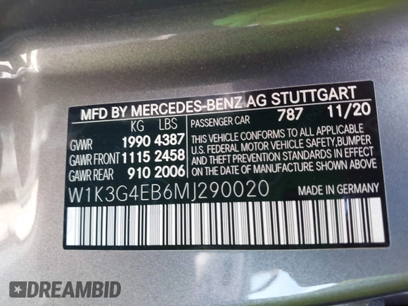 2021 Mercedes-Benz A 220 with VIN W1K3G4EB6MJ290020, listed as a IAAI auction lot 41691773 with 53,991 mi miles and . Bid and sale history available at DreamBid. Image 9.