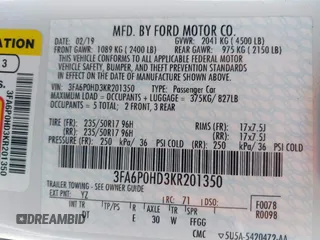 2019 Ford Fusion SE with VIN 3FA6P0HD3KR201350, listed as a IAAI auction lot 41988519 with 46,105 mi miles and . Bid and sale history available at carsss.com. Image 9.