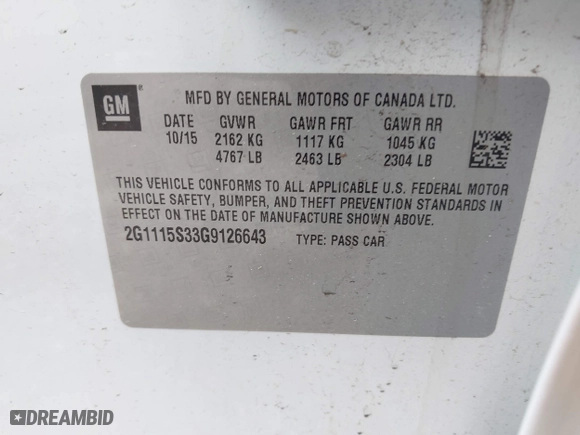 2016 Chevrolet Impala LT with VIN 2G1115S33G9126643, listed as a IAAI auction lot 41930464 with 149,829 mi miles. Bid and sale history available at carsss.com. Image 9.