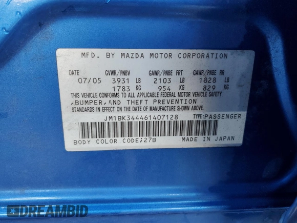 2006 Mazda 3 S Grand Touring with VIN JM1BK344461407128, listed as a Copart auction lot 47407555 with 192,161 mi miles and Salvage Title. Bid and sale history available at DreamBid. Image 12.
