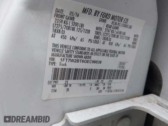 2016 Ford F-250 Lariat with VIN 1FT7W2BT6GEC99538, listed as a IAAI auction lot 40879245 with 272,331 mi miles and . Bid and sale history available at DreamBid. Image 9.