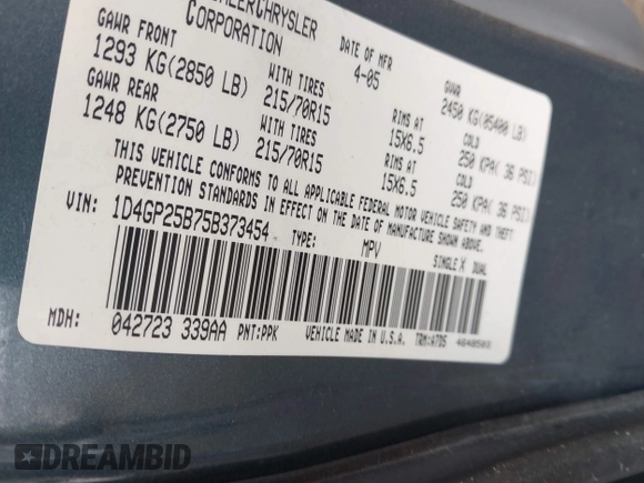 2005 Dodge Caravan SE with VIN 1D4GP25B75B373454, listed as a IAAI auction lot 42443473 with 233,184 mi miles and . Bid and sale history available at DreamBid. Image 9.