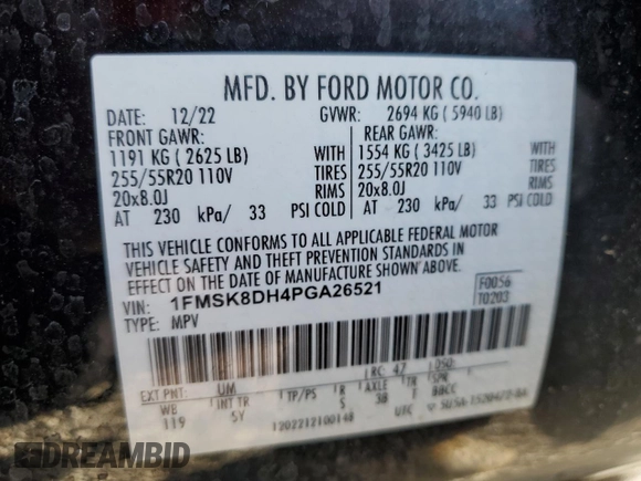 2023 Ford Explorer XLT with VIN 1FMSK8DH4PGA26521, listed as a Copart auction lot 53845995 with 47,588 mi miles and Salvage title. Bid and sale history available at DreamBid. Image 14.