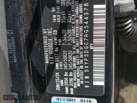 2024 Kia Telluride SX Prestige X-Line with VIN 5XYP5DGC7RG544378, listed as a Copart auction lot 60993945 with 7,158 mi miles and Salvage title. Bid and sale history available at DreamBid. Image 13.