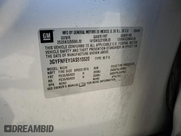 2010 Cadillac SRX Premium Collection with VIN 3GYFNFEY0AS515520, listed as a Copart auction lot 56912895 with 93,692 mi miles and Clean title. Bid and sale history available at DreamBid. Image 13.