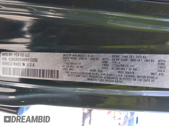 2022 Jeep Wrangler Unlimited Sport with VIN 1C4HJXDG5NW113205, listed as a IAAI auction lot 41836171 with 30,446 mi miles and . Bid and sale history available at DreamBid. Image 9.