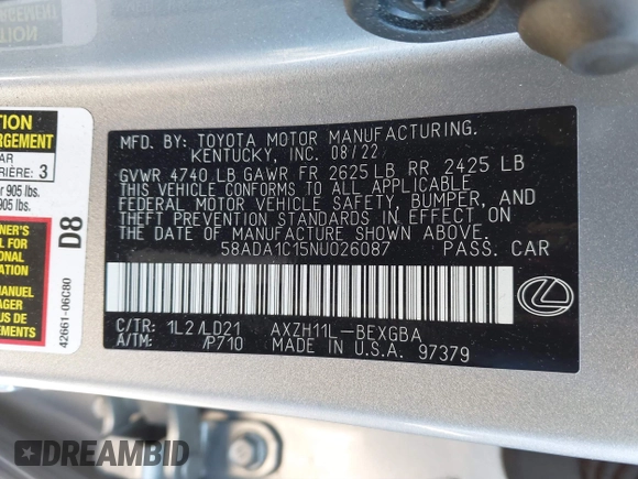 2022 Lexus ES 300h with VIN 58ADA1C15NU026087, listed as a IAAI auction lot 41765304 with 20,795 mi miles and . Bid and sale history available at DreamBid. Image 9.