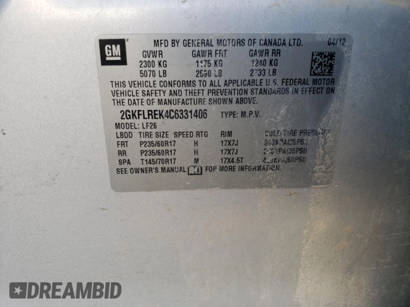 2012 GMC Terrain SLE-1 with VIN 2GKFLREK4C6331406, listed as a Copart auction lot 64267404 with 121,371 mi miles and Clean Title. Bid and sale history available at DreamBid. Image 13.