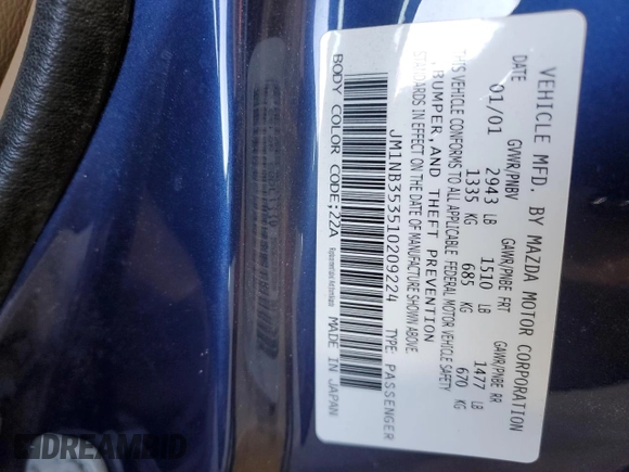 2001 Mazda MX-5 Miata with VIN JM1NB353510209224, listed as a Copart auction lot 51736955 with 103,732 mi miles and Salvage Title. Bid and sale history available at DreamBid. Image 12.