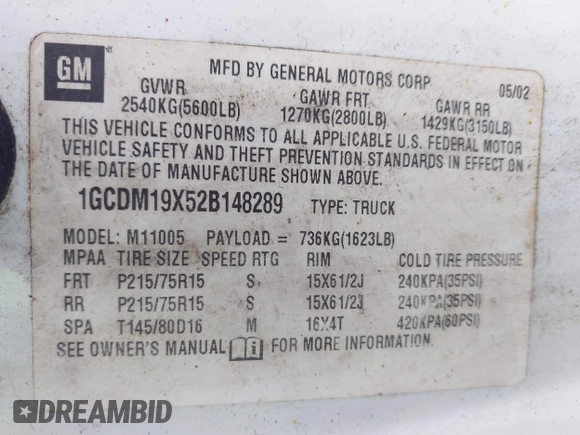 2002 Chevrolet Astro Cargo with VIN 1GCDM19X52B148289, listed as a IAAI auction lot 41975772 with Not Provided miles. Bid and sale history available at carsss.com. Image 9.