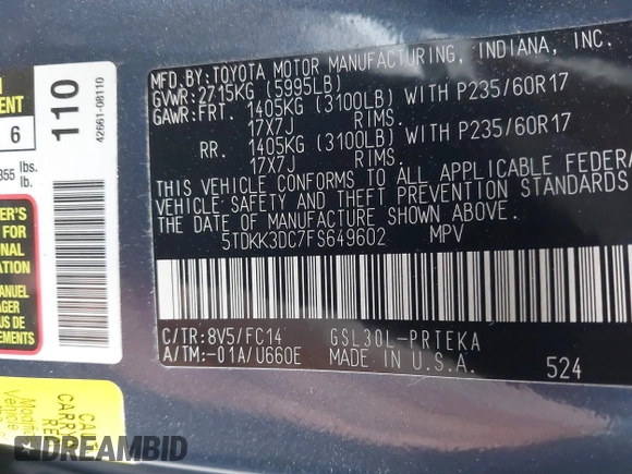 2015 Toyota Sienna LE AAS with VIN 5TDKK3DC7FS649602, listed as a IAAI auction lot 42152836 with 70,892 mi miles and . Bid and sale history available at DreamBid. Image 9.