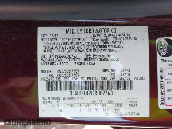 2012 Ford Fusion SEL with VIN 3FAHP0JG9CR302763, listed as a IAAI auction lot 42038147 with 154,645 mi miles and . Bid and sale history available at carsss.com. Image 9.