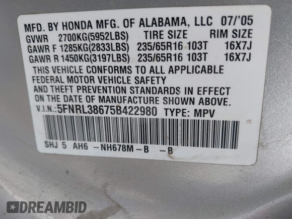 2005 Honda Odyssey EX-L with VIN 5FNRL38675B422980, listed as a IAAI auction lot 41680392 with 188,145 mi miles. Bid and sale history available at carsss.com. Image 9.
