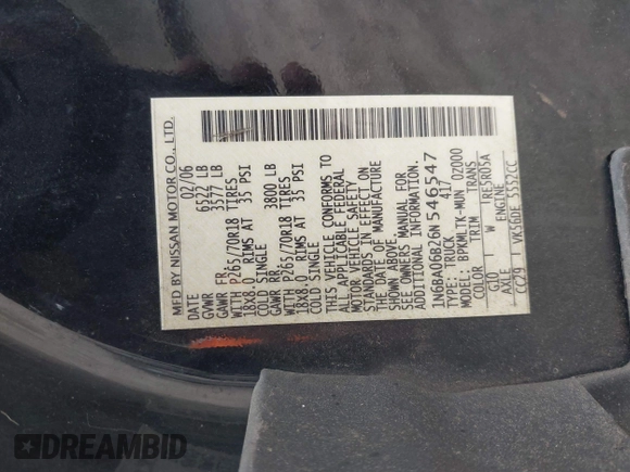 2006 Nissan Titan SE z VIN 1N6BA06B26N546547, wystawiony jako IAAI lot #42080790 z przebiegiem 235 362 mil mil oraz . Historia ofert i sprzedaży dostępna na DreamBid. Obrazek 9.