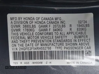 2024 Honda Civic Sport with VIN 2HGFE2F54RH552766, listed as a IAAI auction lot 41953497 with 12,467 mi miles and . Bid and sale history available at DreamBid. Image 9.