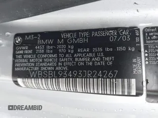 2003 BMW 3 Series M3 with VIN WBSBL93493JR24267, listed as a IAAI auction lot 42155960 with 103,631 mi miles and . Bid and sale history available at DreamBid. Image 9.