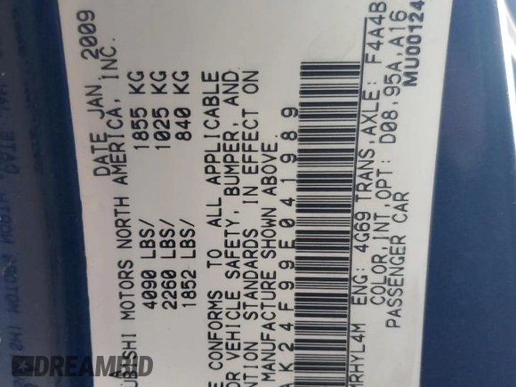 2009 Mitsubishi Eclipse GS z VIN 4A3AK24F99E041989, wystawiony jako Copart lot #88069855 z przebiegiem 106 395 mil mil oraz Szkoda całkowita • Salvage title. Historia ofert i sprzedaży dostępna na DreamBid. Obrazek 12.