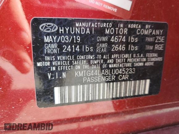2020 Genesis G70 2.0T with VIN KMTG44LA8LU045233, listed as a Copart auction lot 55247925 with 42,405 mi miles and Salvage title. Bid and sale history available at DreamBid. Image 13.