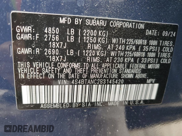 2025 Subaru Outback Limited z VIN 4S4BTANC2S3145420, wystawiony jako Copart lot #44295335 z przebiegiem 2 546 mil mil oraz Szkoda całkowita • Salvage title. Historia ofert i sprzedaży dostępna na DreamBid. Obrazek 13.
