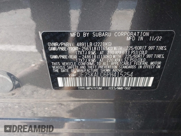 2023 Subaru Forester Wilderness with VIN JF2SKALC6PH415254, listed as a IAAI auction lot 41995348 with 25,983 mi miles and . Bid and sale history available at DreamBid. Image 9.
