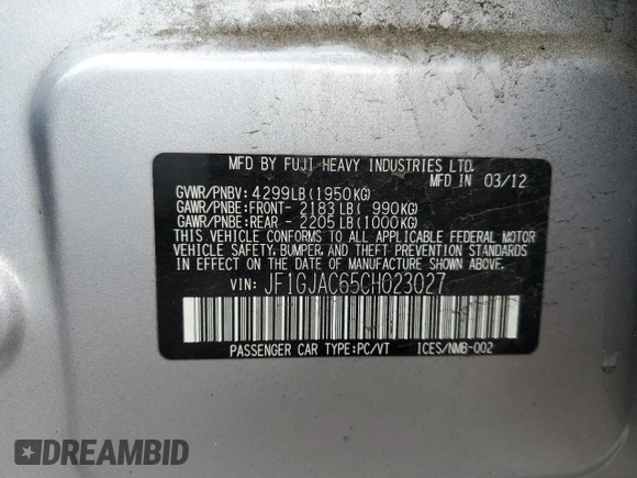 2012 Subaru Impreza Premium с VIN JF1GJAC65CH023027, выставлен на аукционе Copart как лот 56274305 с пробегом 132 161 миль миль и Списание • Salvage title. История ставок и продаж доступна на DreamBid. Изображение 12.