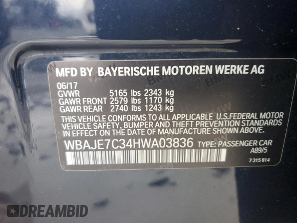 2017 BMW 5 Series 540i xDrive with VIN WBAJE7C34HWA03836, listed as a Copart auction lot 49574625 with Not provided miles and Salvage title. Bid and sale history available at DreamBid. Image 12.