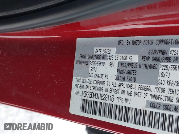 2022 Mazda CX-5 2.5 S Premium Package with VIN JM3KFBDM0N1628116, listed as a IAAI auction lot 41455990 with 29,911 mi miles. Bid and sale history available at carsss.com. Image 9.
