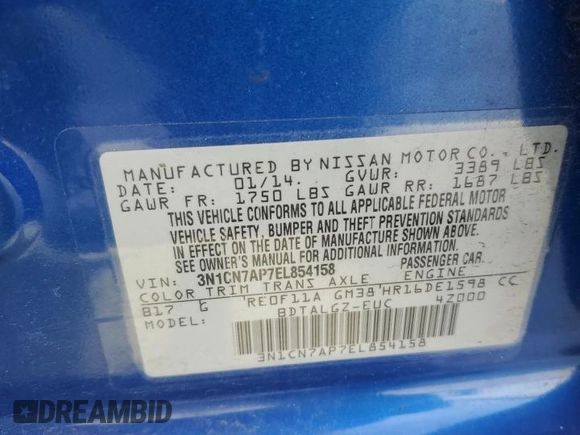 2014 Nissan Versa SV with VIN 3N1CN7AP7EL854158, listed as a Copart auction lot 48670005 with 0 mi miles and Salvage Title. Bid and sale history available at carsss.com. Image 12.