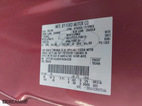 2005 Ford Ranger XL with VIN 1FTYR14U85PA06428, listed as a IAAI auction lot 41712486 with 125,067 mi miles. Bid and sale history available at carsss.com. Image 9.