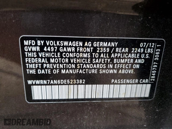2013 Volkswagen CC Lux with VIN WVWRN7AN6DE523382, listed as a Copart auction lot 87489344 with 128,208 mi miles and Non repairable. Bid and sale history available at DreamBid. Image 13.