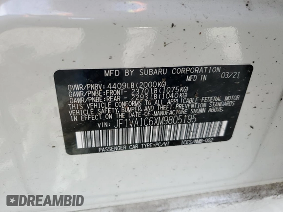 2021 Subaru WRX Premium with VIN JF1VA1C6XM9805195, listed as a Copart auction lot 52713125 with 7,513 mi miles and Salvage Title. Bid and sale history available at carsss.com. Image 12.