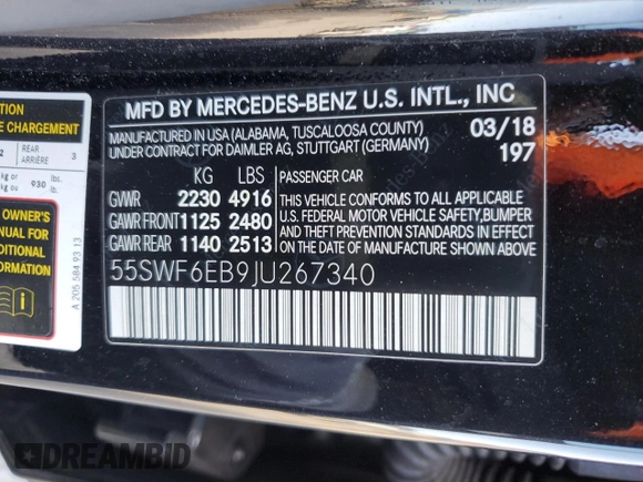 2018 Mercedes-Benz C 43 AMG with VIN 55SWF6EB9JU267340, listed as a Copart auction lot 55448435 with 80,303 mi miles and Clean Title. Bid and sale history available at carsss.com. Image 12.