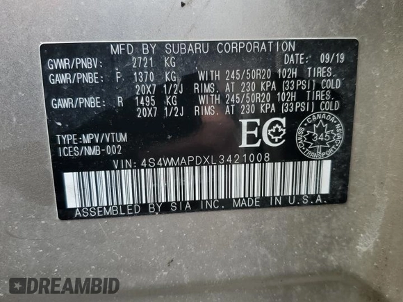 2020 Subaru Ascent Limited z VIN 4S4WMAPDXL3421008, wystawiony jako Copart lot #55452475 z przebiegiem 125 853 mil mil oraz Szkoda całkowita • Salvage title. Historia ofert i sprzedaży dostępna na DreamBid. Obrazek 14.