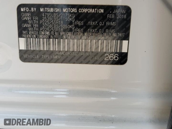 2018 Mitsubishi Outlander SE with VIN JA4AD3A31JZ048164, listed as a Copart auction lot 61618045 with 74,953 mi miles and Salvage title. Bid and sale history available at DreamBid. Image 14.