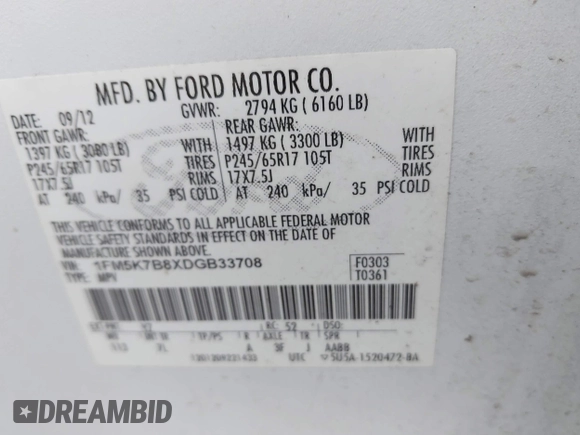 2013 Ford Explorer with VIN 1FM5K7B8XDGB33708, listed as a IAAI auction lot 42527909 with 187,875 mi miles and . Bid and sale history available at DreamBid. Image 9.