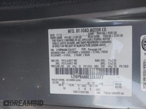 2012 Ford Mustang V6 Premium with VIN 1ZVBP8AM8C5265077, listed as a IAAI auction lot 41899887 with 139,915 mi miles. Bid and sale history available at carsss.com. Image 9.