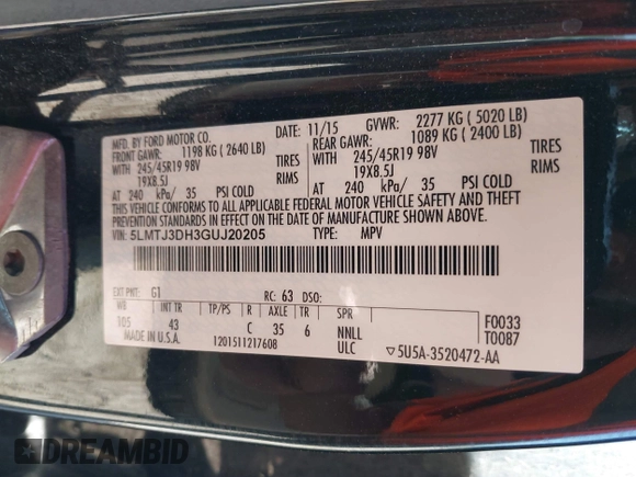 2016 Lincoln MKC Reserve with VIN 5LMTJ3DH3GUJ20205, listed as a IAAI auction lot 42271005 with 125,219 mi miles and . Bid and sale history available at DreamBid. Image 9.