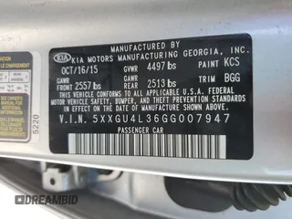 2016 Kia Optima EX with VIN 5XXGU4L36GG007947, listed as a Copart auction lot 58442435 with 81,559 mi miles and Salvage title. Bid and sale history available at DreamBid. Image 12.