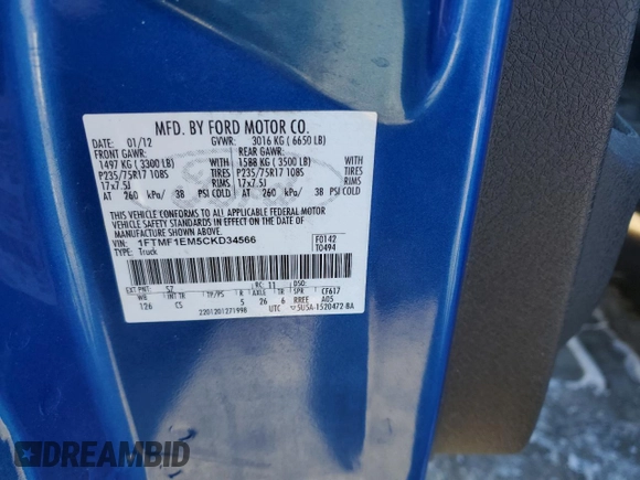 2012 Ford F-150 XL with VIN 1FTMF1EM5CKD34566, listed as a Copart auction lot 46282685 with 90,768 mi miles and Clean title. Bid and sale history available at DreamBid. Image 12.