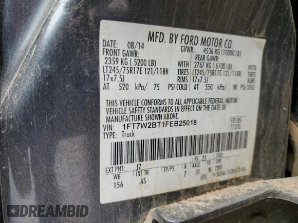 2015 Ford F-250 Lariat z VIN 1FT7W2BT1FEB25018, wystawiony jako Copart lot #55891235 z przebiegiem 186 354 mil mil oraz Szkoda całkowita • Salvage title. Historia ofert i sprzedaży dostępna na DreamBid. Obrazek 12.