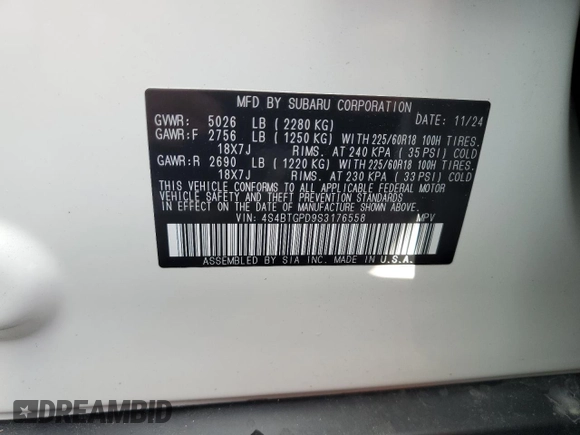 2025 Subaru Outback Touring XT with VIN 4S4BTGPD9S3176558, listed as a Copart auction lot 52395815 with 460 mi miles and Salvage title. Bid and sale history available at DreamBid. Image 13.