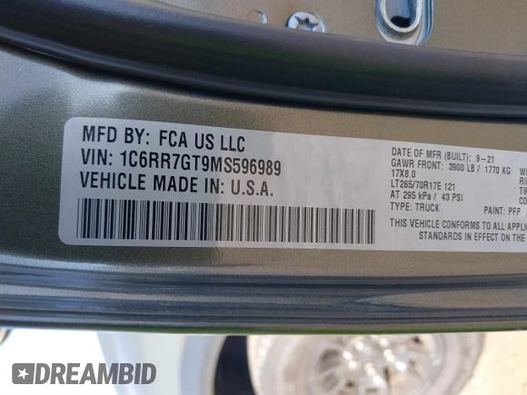 2021 Ram 1500 Warlock with VIN 1C6RR7GT9MS596989, listed as a IAAI auction lot 41673633 with 45,592 mi miles and . Bid and sale history available at DreamBid. Image 9.