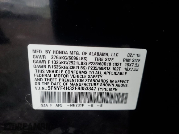 2015 Honda Pilot SE z VIN 5FNYF4H32FB053347, wystawiony jako Copart lot #61978035 z przebiegiem 90 372 mil mil oraz Szkoda całkowita • Salvage title. Historia ofert i sprzedaży dostępna na DreamBid. Obrazek 14.