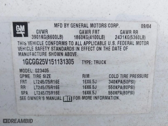 2005 Chevrolet Express Cargo Van with VIN 1GCGG25V151131305, listed as a IAAI auction lot 41338001 with 252,855 mi miles. Bid and sale history available at carsss.com. Image 9.