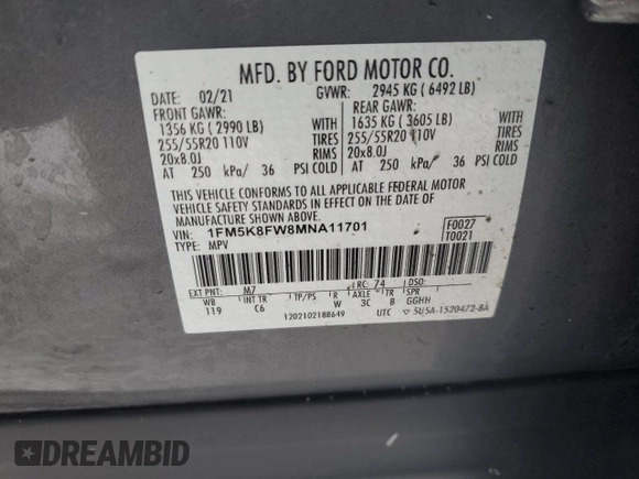 2021 Ford Explorer Limited with VIN 1FM5K8FW8MNA11701, listed as a Copart auction lot 43829775 with 64,278 mi miles and Salvage Title. Bid and sale history available at carsss.com. Image 15.