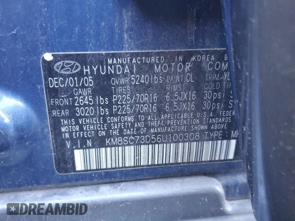 2006 Hyundai Santa Fe GLS with VIN KM8SC73D56U100308, listed as a Copart auction lot 83023344 with 161,230 mi miles and Salvage Title. Bid and sale history available at carsss.com. Image 13.