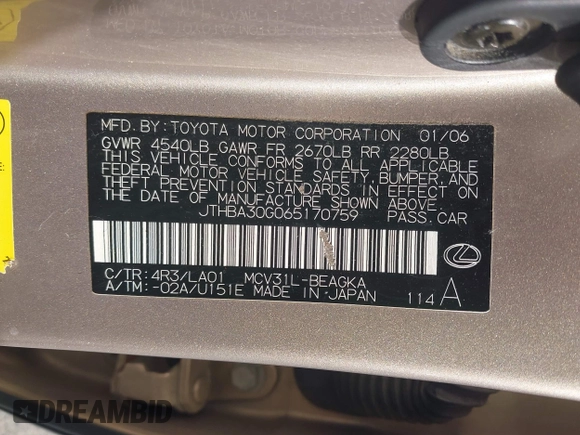 2006 Lexus ES 350 with VIN JTHBA30G065170759, listed as a IAAI auction lot 42207331 with 173,969 mi miles and . Bid and sale history available at DreamBid. Image 9.